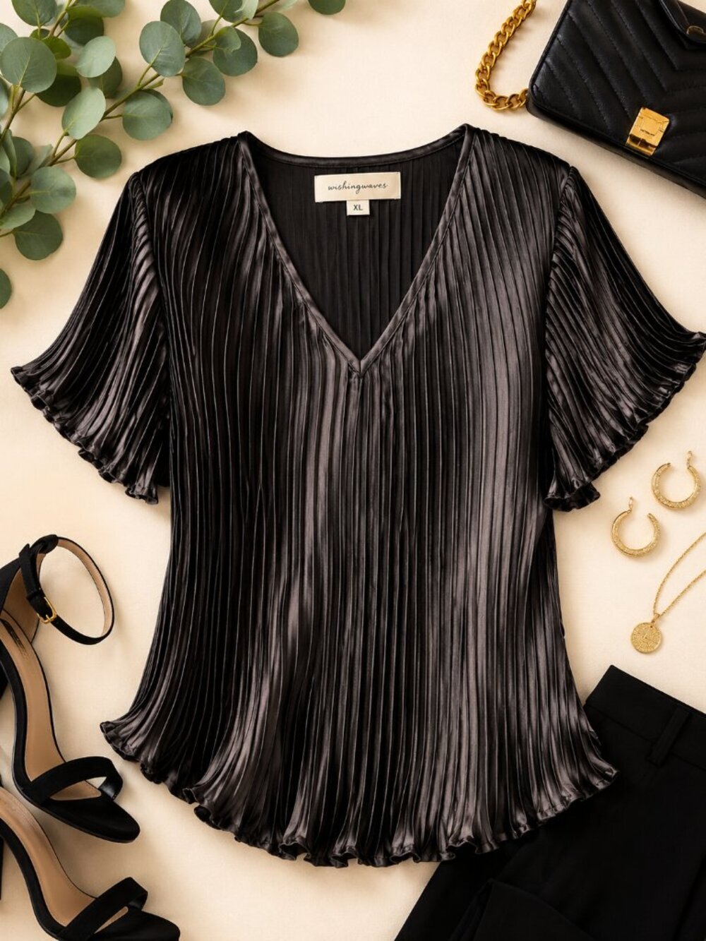 Wishing Waves Pleated Satin Blouse XL Black Shimmer V Neck Dressy Party Top